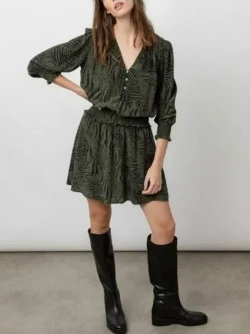 Rails Zana Animal-Print Smocked-Waist Long Sleeve Lightweight Mini Dress Size S
